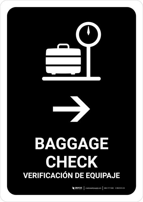 Baggage Check With Right Arrow Black Bilingual Spanish Portrait - Wall Sign