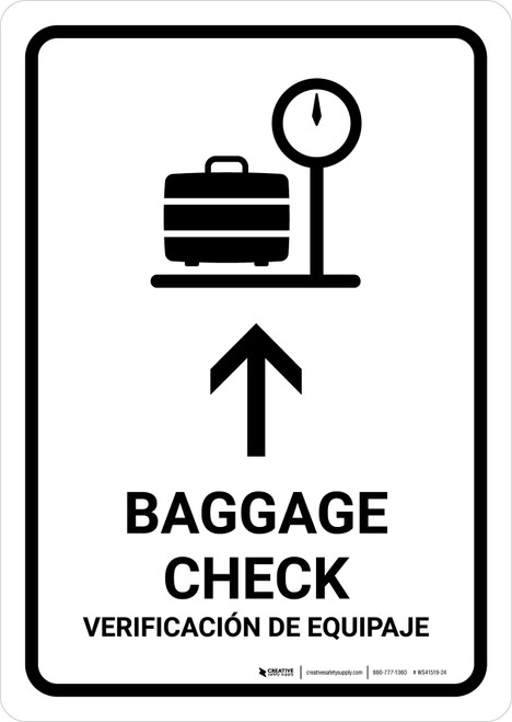 Baggage Check With Up Arrow White Bilingual Spanish Portrait - Wall Sign
