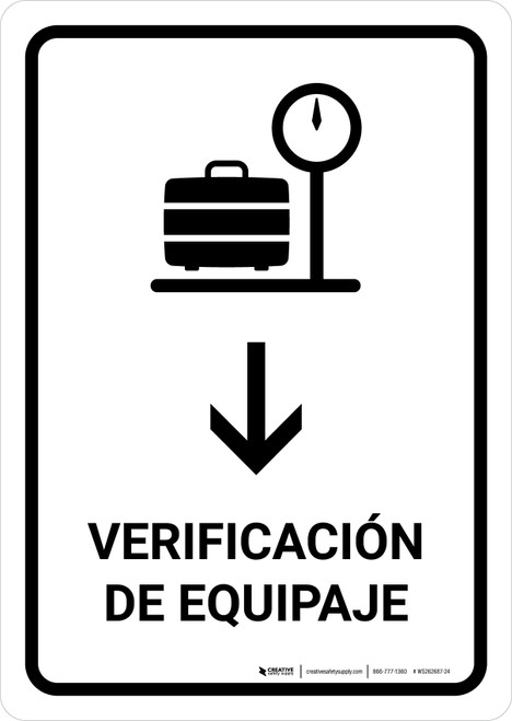 Baggage Check With Down Arrow White Spanish Portrait - Wall Sign