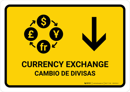 Currency Exchange With Down Arrow Yellow Bilingual Spanish Landscape - Wall Sign