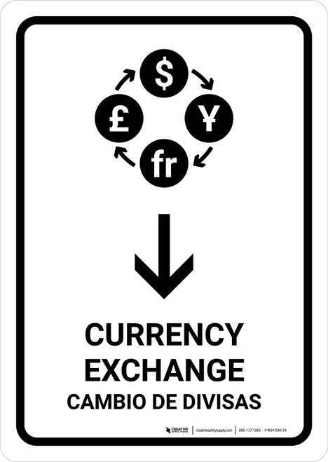 Currency Exchange With Down Arrow White Bilingual Portrait - Wall Sign