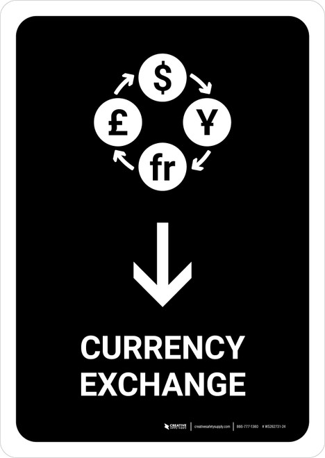 Currency Exchange With Down Arrow Black Portrait - Wall Sign