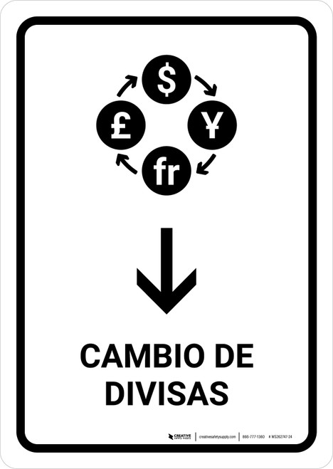 Currency Exchange With Down Arrow White Spanish Portrait - Wall Sign
