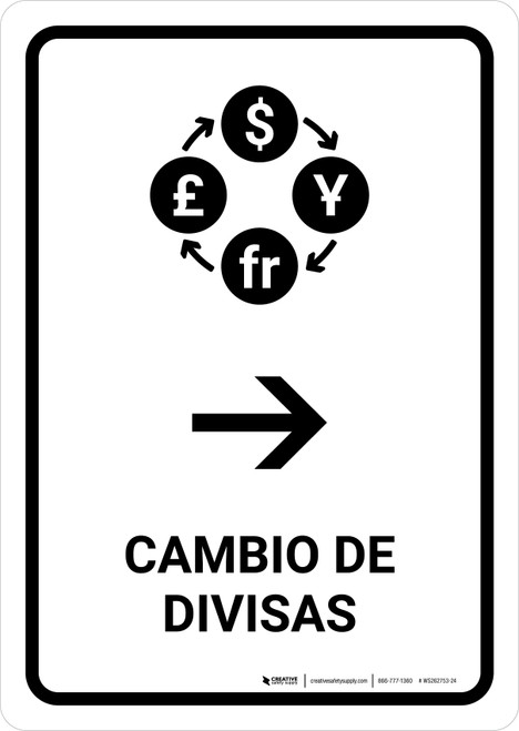 Currency Exchange With Right Arrow White Spanish Portrait - Wall Sign