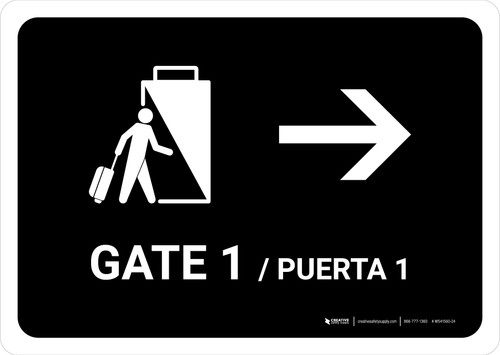 Gate 1 With Right Arrow Black Bilingual Spanish Landscape - Wall Sign
