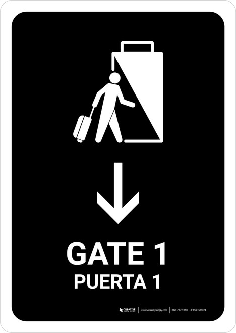 Gate 1 With Down Arrow Black Bilingual Spanish Portrait - Wall Sign