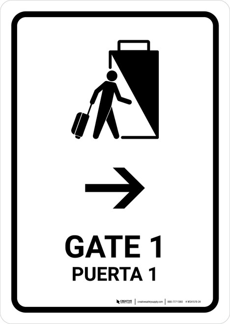 Gate 1 With Right Arrow White Bilingual Spanish Portrait - Wall Sign