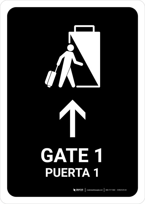 Gate 1 With Up Arrow Black Bilingual Spanish Portrait - Wall Sign