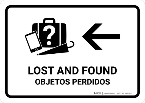 Lost And Found With Left Arrow White Bilingual Spanish Landscape - Wall Sign