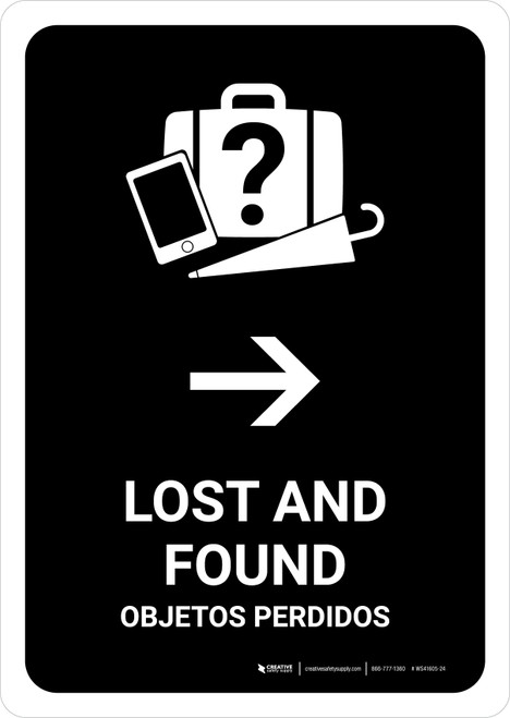 Lost And Found With Right Arrow Black Bilingual Spanish Portrait - Wall Sign