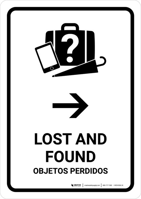 Lost And Found With Right Arrow White Bilingual Portrait - Wall Sign