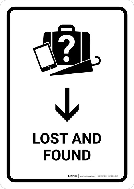 Lost And Found With Down Arrow White Portrait - Wall Sign