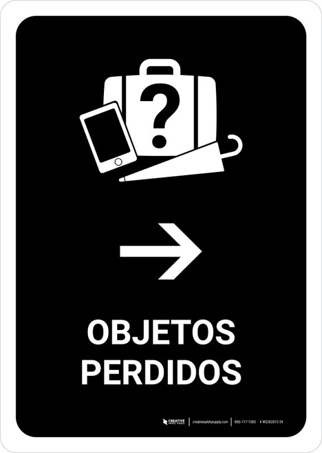 Lost And Found With Right Arrow Black Spanish Portrait - Wall Sign