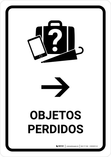 Lost And Found With Right Arrow White Spanish Portrait - Wall Sign