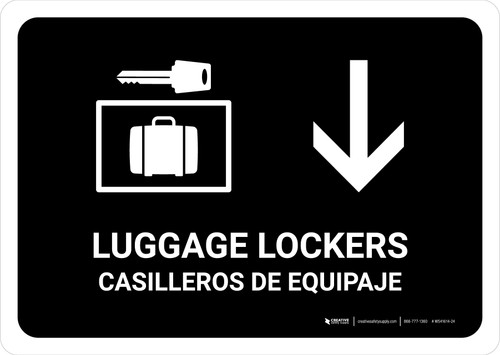 Luggage Lockers With Down Arrow Black Bilingual Spanish Landscape - Wall Sign