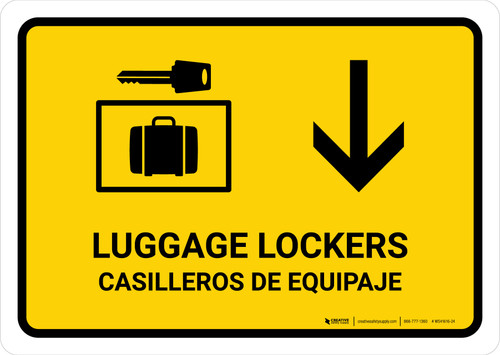 Luggage Lockers With Down Arrow Yellow Bilingual Spanish Landscape - Wall Sign