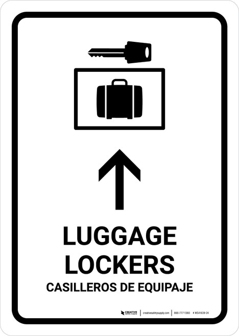 Luggage Lockers With Up Arrow White Bilingual Spanish Portrait - Wall Sign