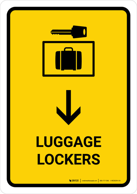 Luggage Lockers With Down Arrow Yellow Portrait - Wall Sign