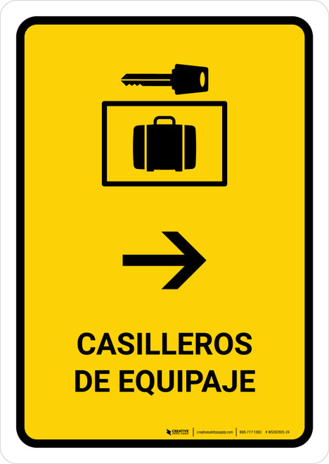 Luggage Lockers With Right Arrow Yellow Spanish Portrait - Wall Sign