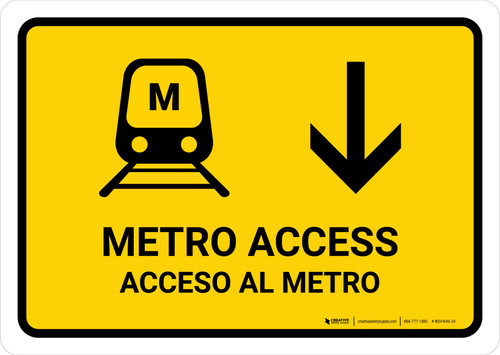 Metro Access With Down Arrow Yellow Bilingual Spanish Landscape - Wall Sign