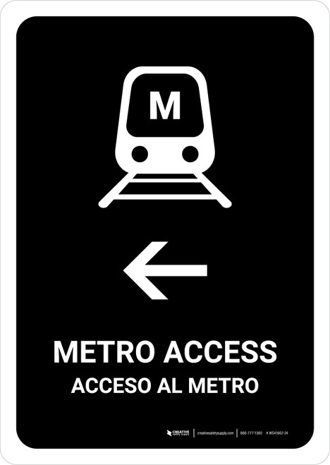 Metro Access With Left Arrow Black Bilingual Spanish Portrait - Wall Sign