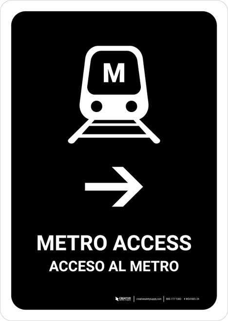 Metro Access With Right Arrow Black Bilingual Spanish Portrait - Wall Sign