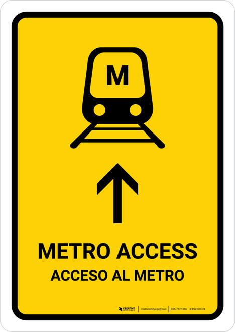 Metro Access With Up Arrow Yellow Bilingual Spanish Portrait - Wall Sign