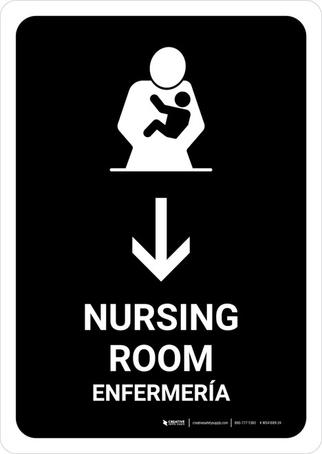 Nursing Room With Down Arrow Black Bilingual Spanish Portrait - Wall Sign