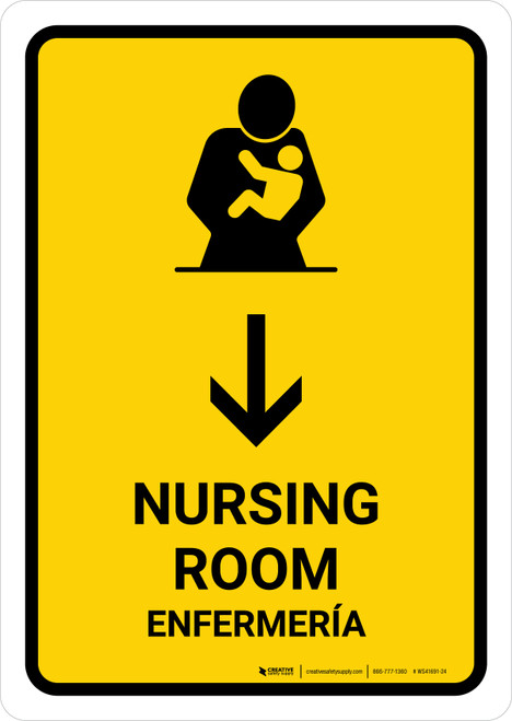 Nursing Room With Down Arrow Yellow Bilingual Spanish Portrait - Wall Sign