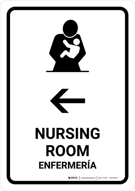 Nursing Room With Left Arrow White Bilingual Spanish Portrait - Wall Sign