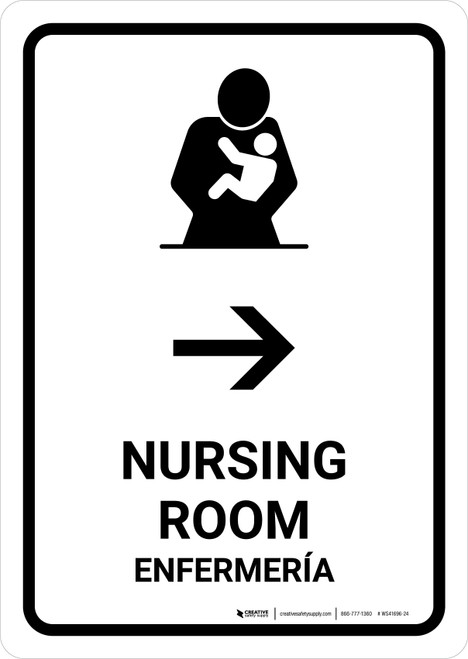Nursing Room With Right Arrow White Bilingual Spanish Portrait - Wall Sign