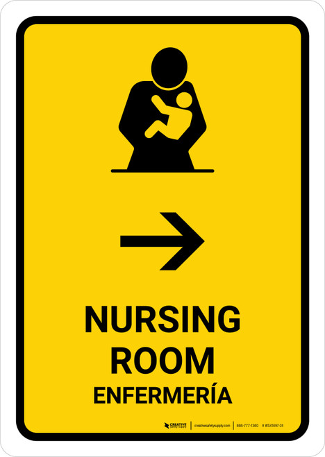 Nursing Room With Right Arrow Yellow Bilingual Spanish Portrait - Wall Sign