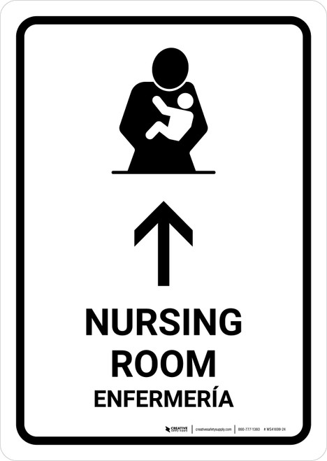 Nursing Room With Up Arrow White Bilingual Portrait - Wall Sign