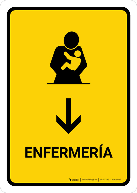 Nursing Room With Down Arrow Yellow Spanish Portrait - Wall Sign