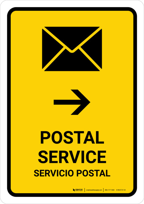 Postal Service With Right Arrow Yellow Bilingual Spanish Portrait - Wall Sign