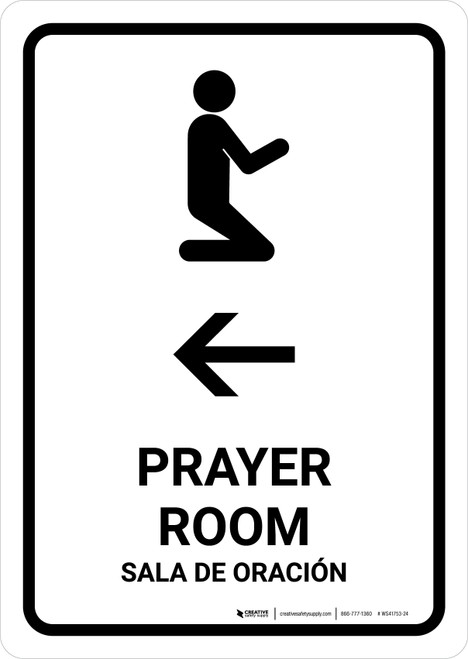 Prayer Room With Left Arrow White Bilingual Spanish Portrait - Wall Sign
