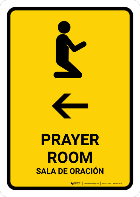 Prayer Room With Left Arrow Yellow Bilingual Spanish Portrait - Wall Sign