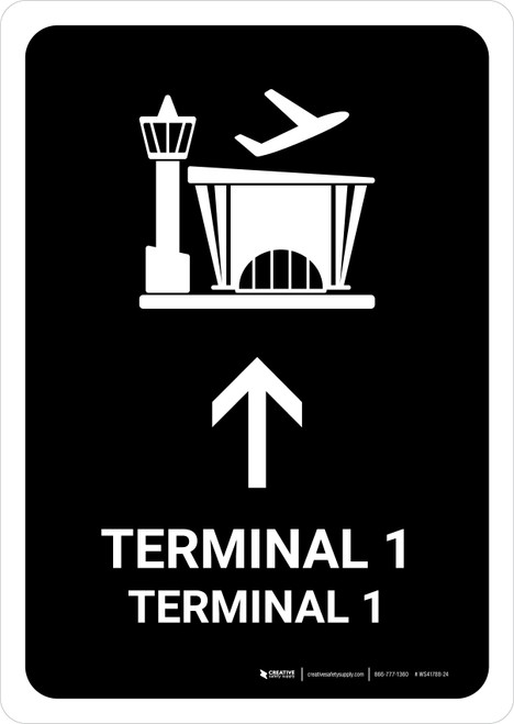 Terminal 1 With Up Arrow Black Bilingual Spanish Portrait - Wall Sign