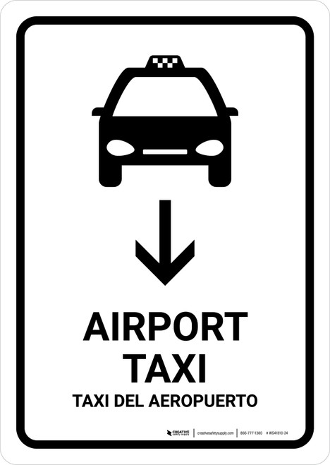 Airport Taxi With Down Arrow White Bilingual Spanish Portrait - Wall Sign