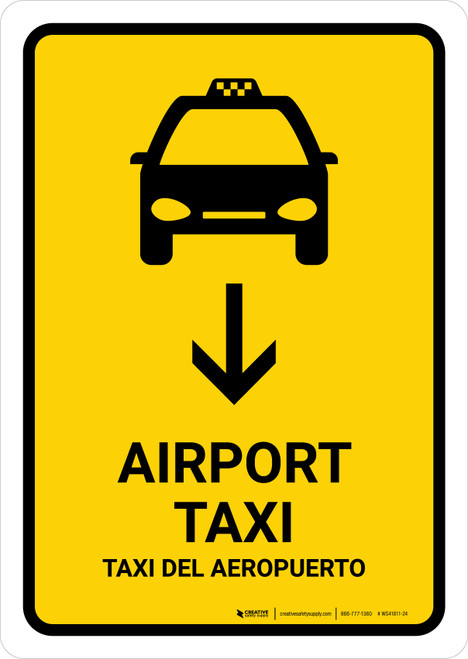 Airport Taxi With Down Arrow Yellow Bilingual Spanish Portrait - Wall Sign