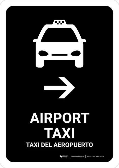 Airport Taxi With Right Arrow Black Bilingual Spanish Portrait - Wall Sign