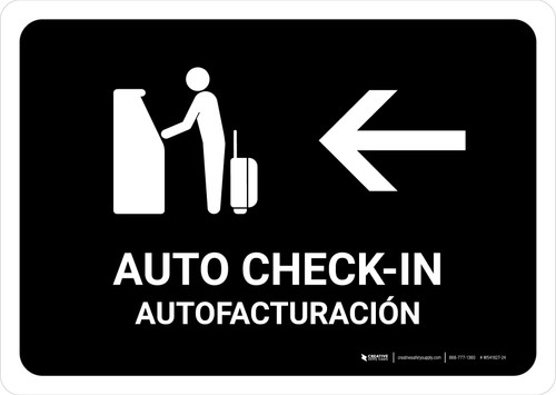 Auto Check In With Left Arrow Black Bilingual Spanish Landscape - Wall Sign