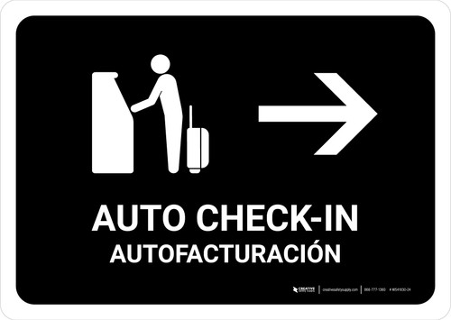 Auto Check In With Right Arrow Black Bilingual Spanish Landscape - Wall Sign