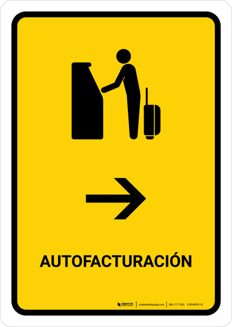 Auto Check In With Right Arrow Yellow Spanish Portrait - Wall Sign