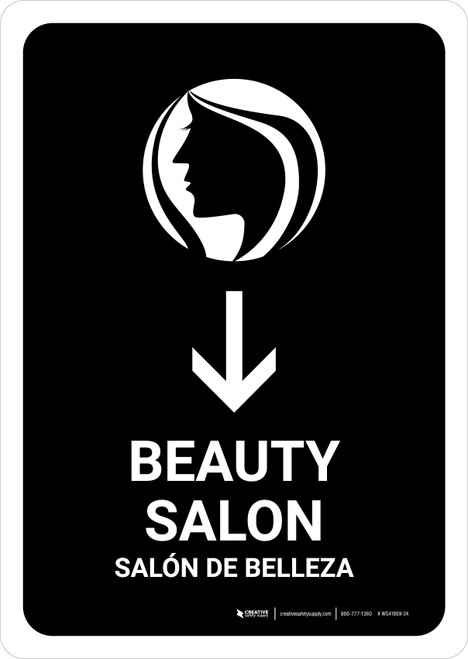 Beauty Salon With Down Arrow Black Bilingual Spanish Portrait - Wall Sign