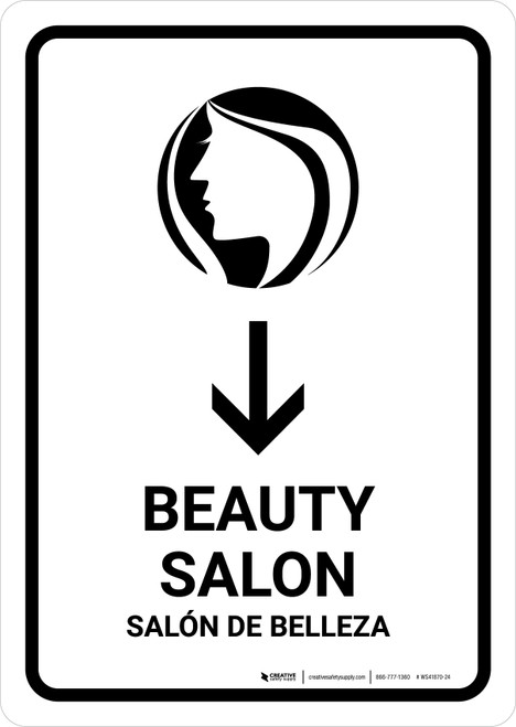 Beauty Salon With Down Arrow White Bilingual Spanish Portrait - Wall Sign