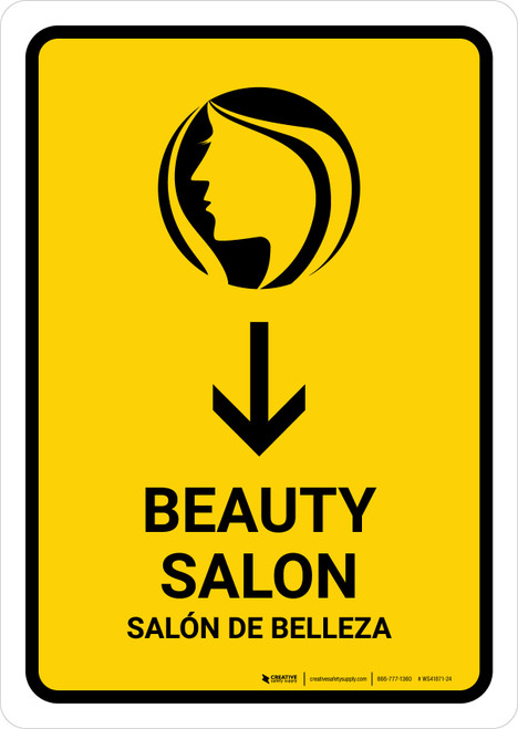 Beauty Salon With Down Arrow Yellow Bilingual Spanish Portrait - Wall Sign