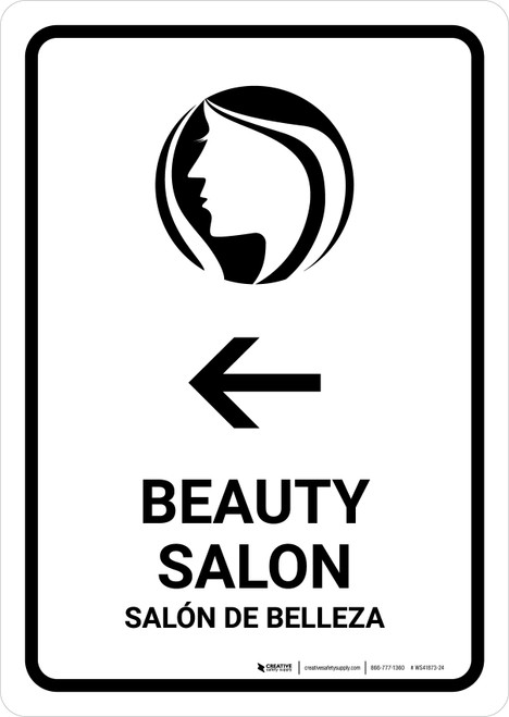 Beauty Salon With Left Arrow White Bilingual Spanish Portrait - Wall Sign
