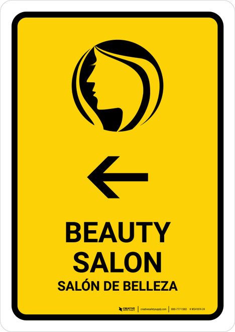 Beauty Salon With Left Arrow Yellow Bilingual Spanish Portrait - Wall Sign