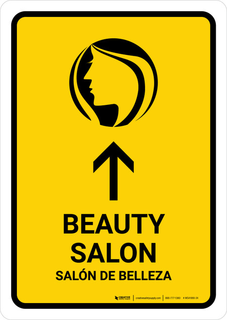 Beauty Salon With Up Arrow Yellow Bilingual Spanish Portrait - Wall Sign